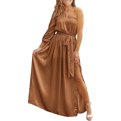 KIRUNDO Women's Satin Long Sleeve One Shoulder Maxi Dress Asymmetrical Tie Waist Slit Party Cocktail Long Formal Dresses(Dark Blue, Small)