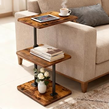 Swivel Side Table Adjustable Height, 3-Tier End Table with 360Rotatable Tray, Space Saving Nightstand with Storage Shelf for Small Spaces, Living Room, Bedroom