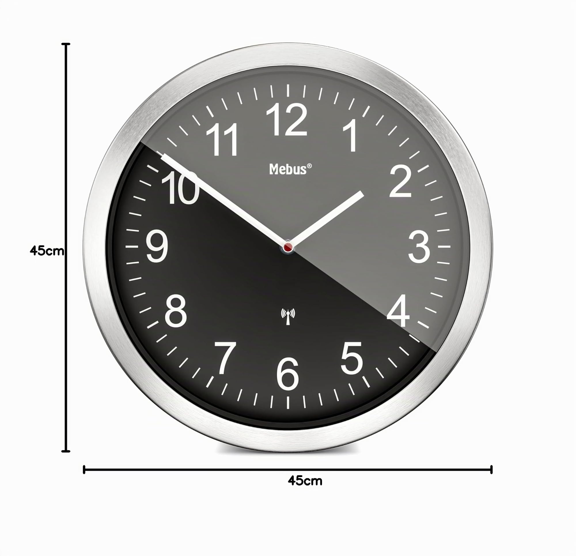 Mebus XXL Funkuhr Extra Große Wanduhr Lautlos Uhrwerk Kein Sekundenzeiger Ziffernblatt 45cm Durchmesser Modell 14120 Schwarz Silber 45 Zentimeter Durchmesser