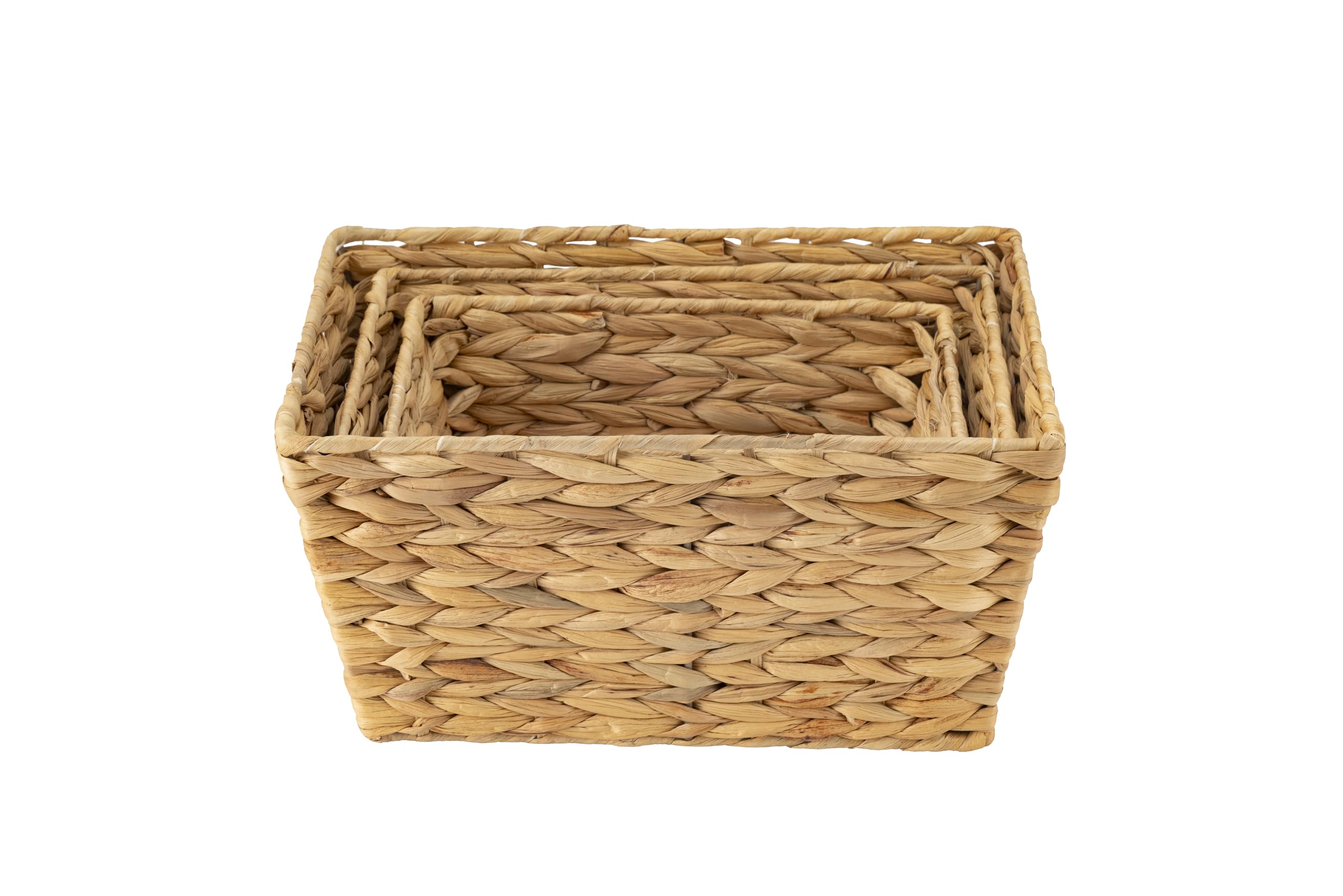ECHTWERK Set of 3 Water Hyacinth Storage Baskets, Rectangular, Natural, Woven Baskets in S/M/L, Stackable for Bathroom, Office & Living Room