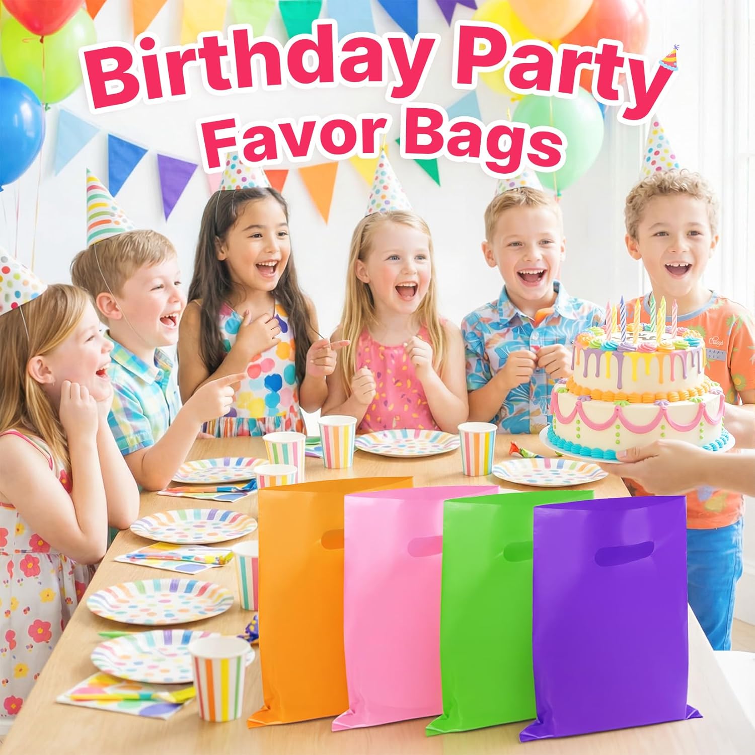 ANZNKU 50 PCS Multicolor Party Favor Bags 8"x11", Goodie Bag for Candy Book Jewelry Craft, Plastic Gift Bags with Die Cut Handles for Birthday, Valentine, Wedding, School Events & Small Business - Image 3