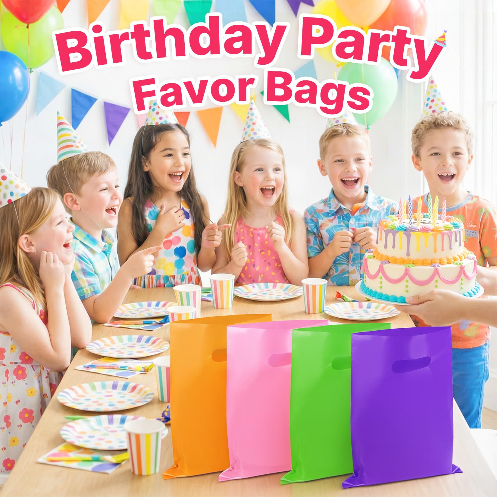 ANZNKU 50 PCS Multicolor Party Favor Gift Bags 8"x11", Goodie Bag Bulk for Candy Jewelry Treat Snack Craft, Small Reusable Plastic Party Bags with Handles for Kids Birthday, School & Festive Events