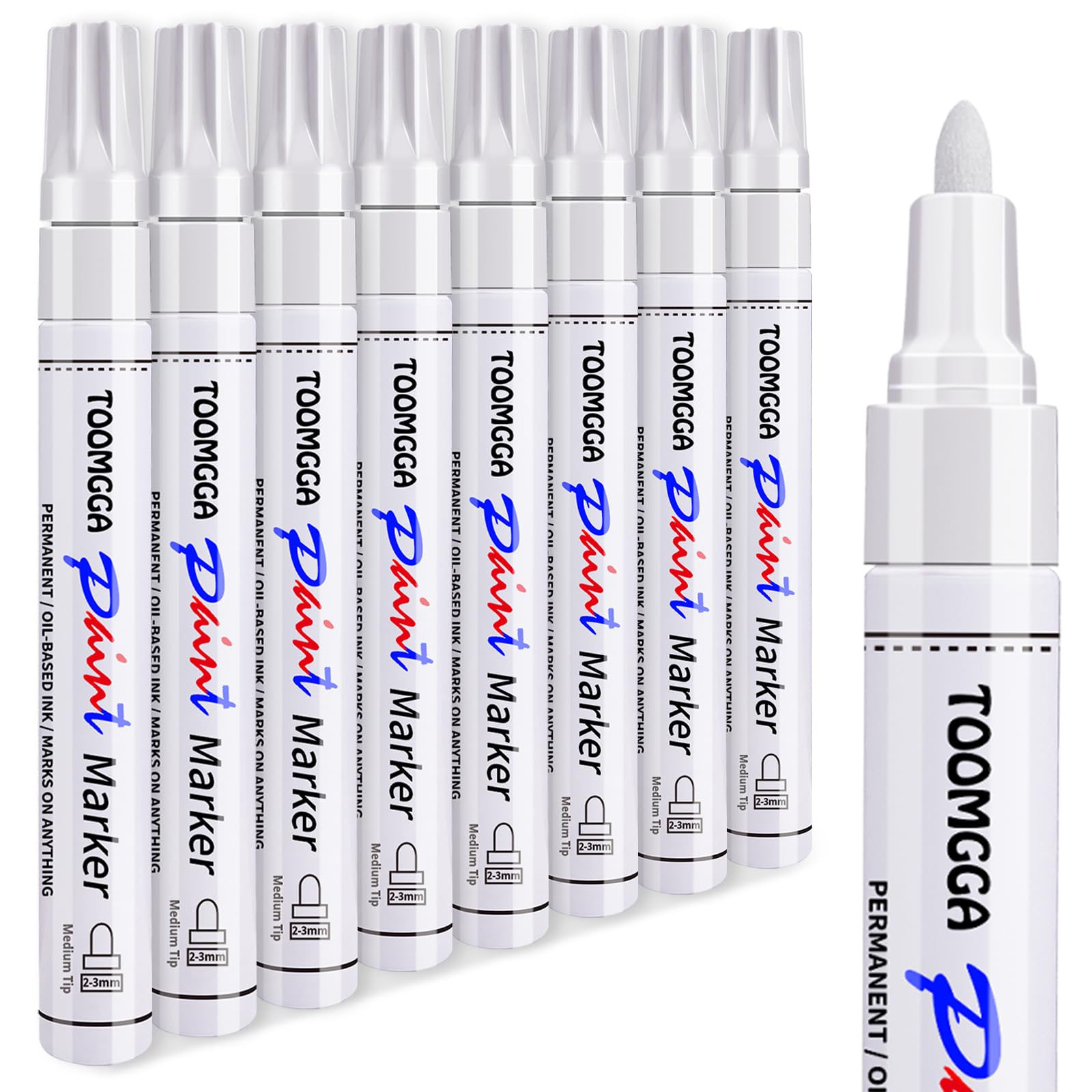 TOOMGGA White Paint Pens Permanent Paint Markers - 8 Pack Oil Based Marking Pens, Medium Point, Quick Drying and Waterproof Pens for Rock Painting Car
