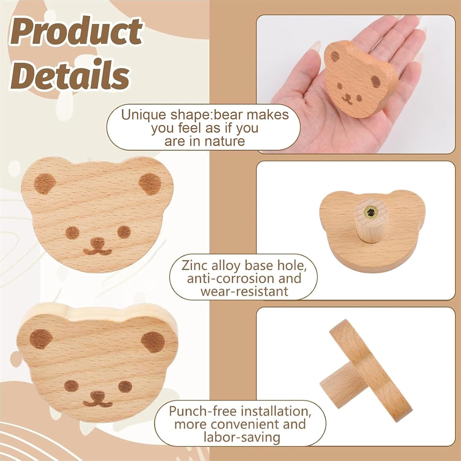 MOROBOR 18PCS Bear Shaped Wooden Knobs Single Hole Beech Wood Handles Wood Cupboard Cabinet Handles Knobs for Chest of Drawers with Screws& Expansion Tube