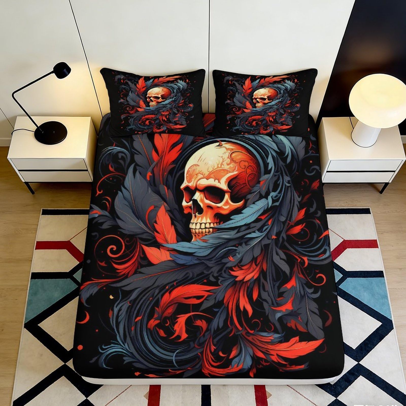 3D Printed Skull Feather Fitted Sheet Microfiber Dark Gothic Mattress Cover for Bedroom Guest Room Decor Protection 90x200x25cm