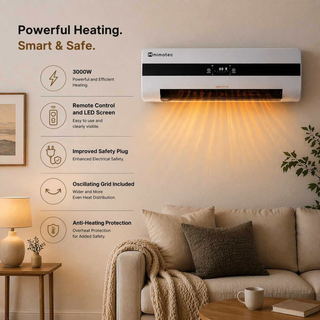 M Mimotec – Termoventilatore ceramico da parete Dad 3000W, silenzioso <45 dB, con telecomando, display LED, timer e griglia oscillante, protezione IPX2 e contro il surriscaldamento