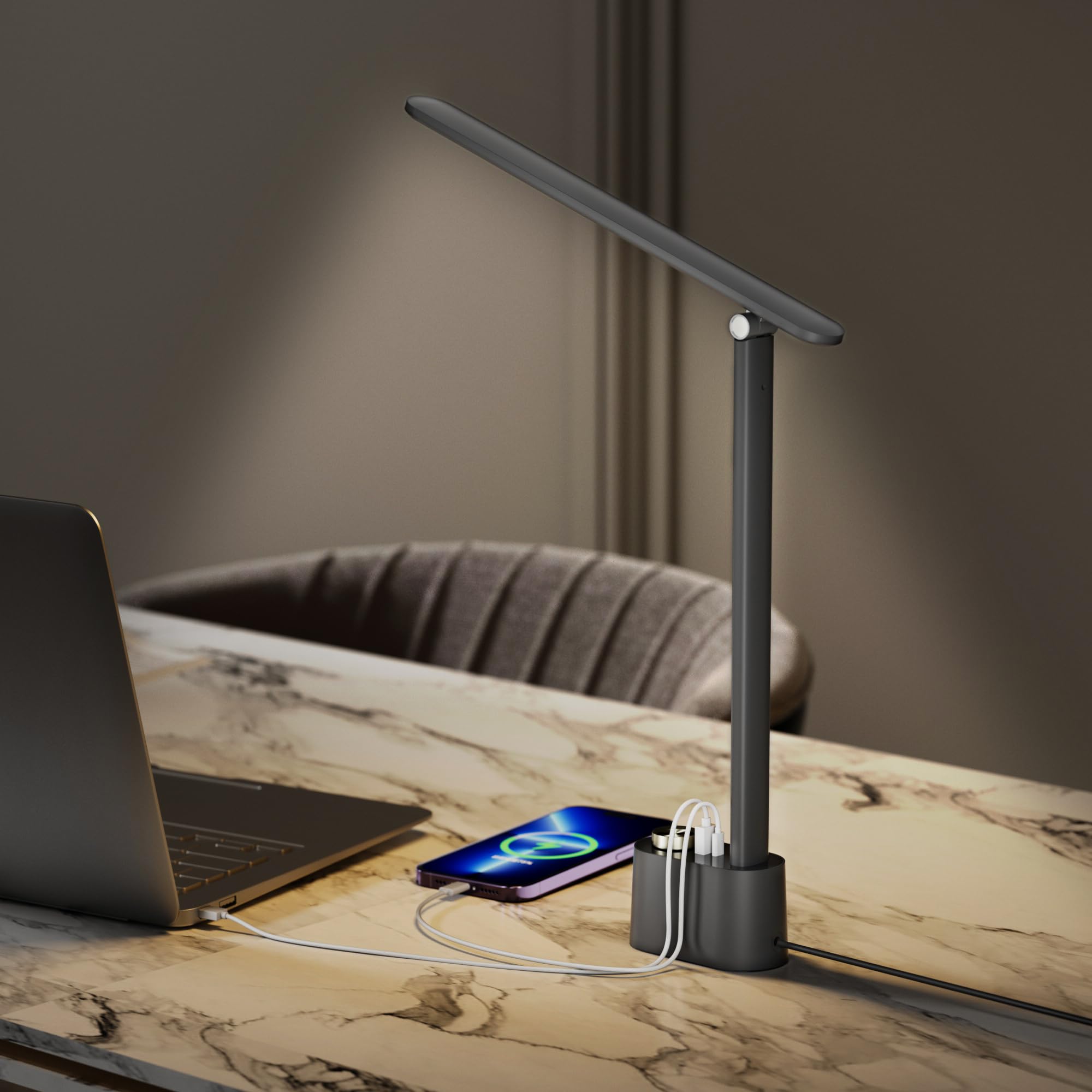 Honeywell H01 LED-Schreibtischlampe, Faltbar & Stufenlos Dimmbar, Grau | Sunturalux augenschonende Leuchte mit Ladeanschlüssen, dimmbar zum Lesen für Home-Office, Schlafzimmer und Studentenwohnheim