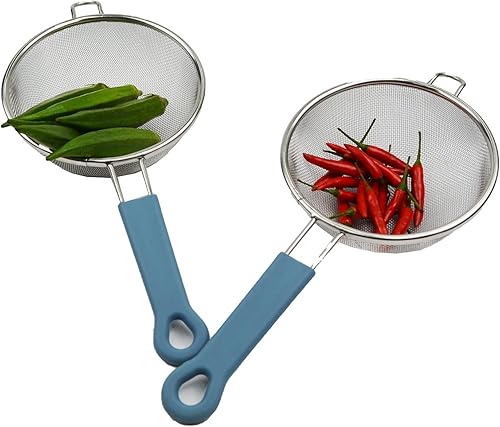 Miniatura 3 de SAMMART Colador/colador de malla de acero inoxidable con mango de silicona azul acero - Tamiz redondo con aro más ancho (1, 6 pulgadas)
