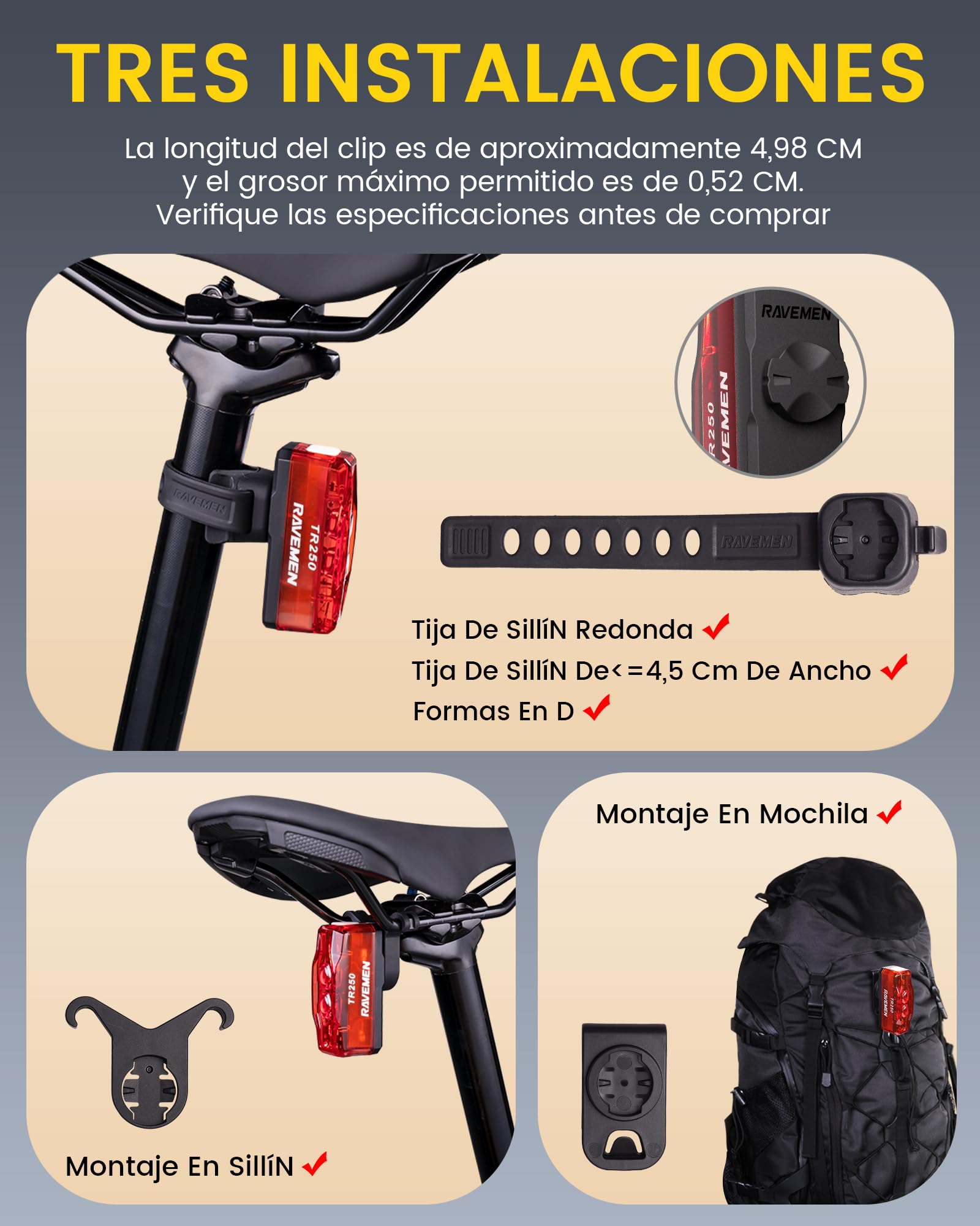 RAVEMEN TR250 250 Lúmenes Luz Trasera para Bicicleta Ideal para Día y Noche para Viajes por Carretera y Ciclismo Urbano, 6 Modos Recargable por USB-C IPX6 Resistente al Agua Visibilidad de 280°