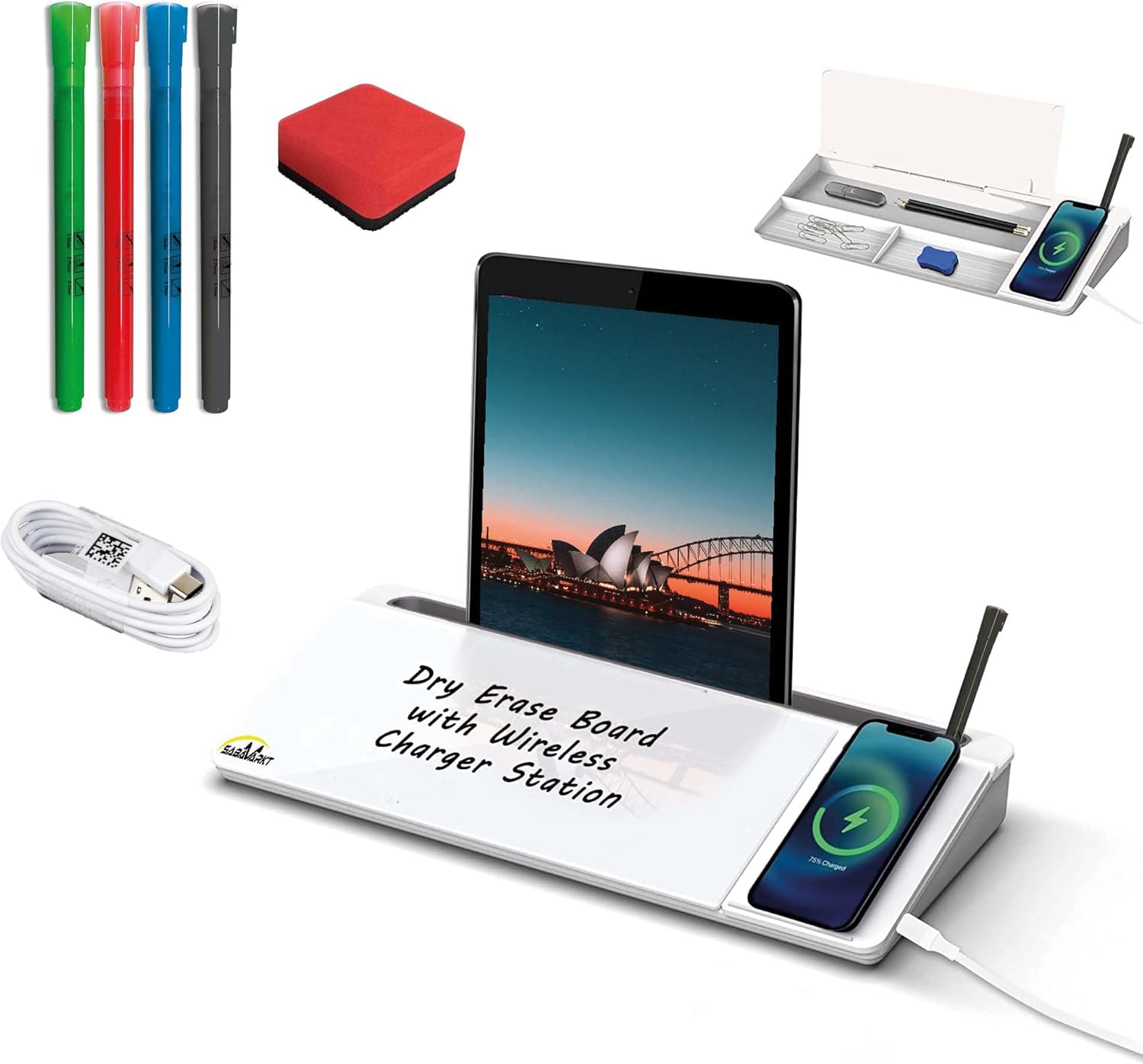 SABAMARKT Desktop Glass Whiteboard with Wireless Charger, Home Office
