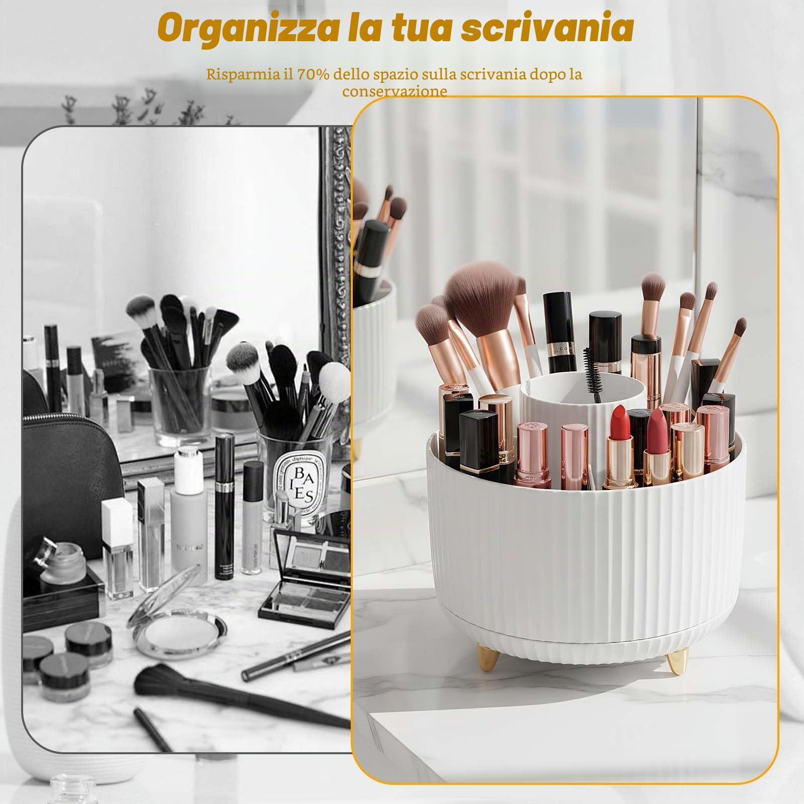 360° Rotante Porta Trucchi Organizer, Spazzola per Trucco 5 Griglie, Multifunzione Organizer per Trucco Cosmetico, Organizer Girevole per Comò, Camera da Letto, Bagno (Bianco)