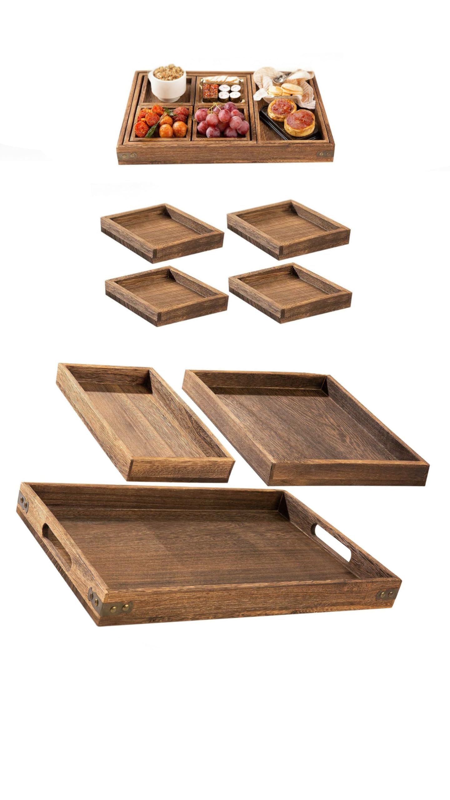 Wooden Serving Trays with Handle - Set of 7 Rectangular Platters for Entertaining, Breakfast, Coffee Table, Home Decor