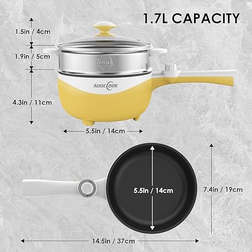 Miniatura 6 de Audecook Olla eléctrica, mini sartén eléctrica portátil antiadherente de 1.7 litros con ajuste de potencia, multicocina de viaje para carne, sopa,