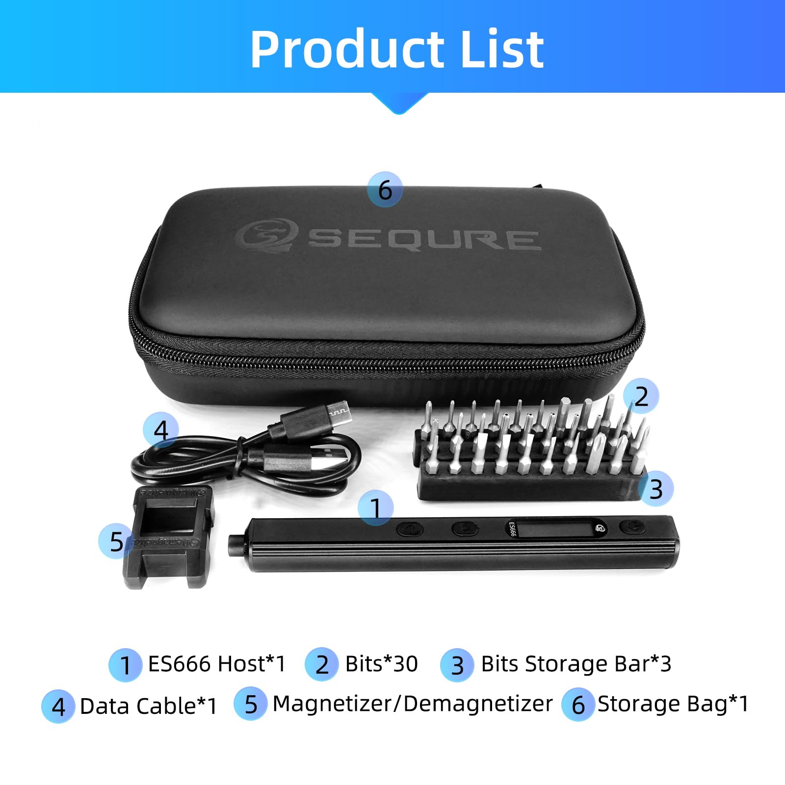SEQURE ES666 Set di cacciaviti elettrici Cacciavite ricaricabile a batteria Auto/Sensore/Modalità fissa Cacciavite di precisione con 30 punte magnetiche 7 ingranaggi coppia Max 2.2N.m Strumento di