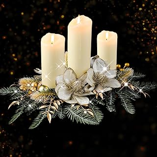 Cindeer Christmas Tabletop Centerpiece with Artificial Poinsettia Mantel Candle Holders Romantic Candelabrum for Party Fireplace Holiday Thanksgiving Home, Gold