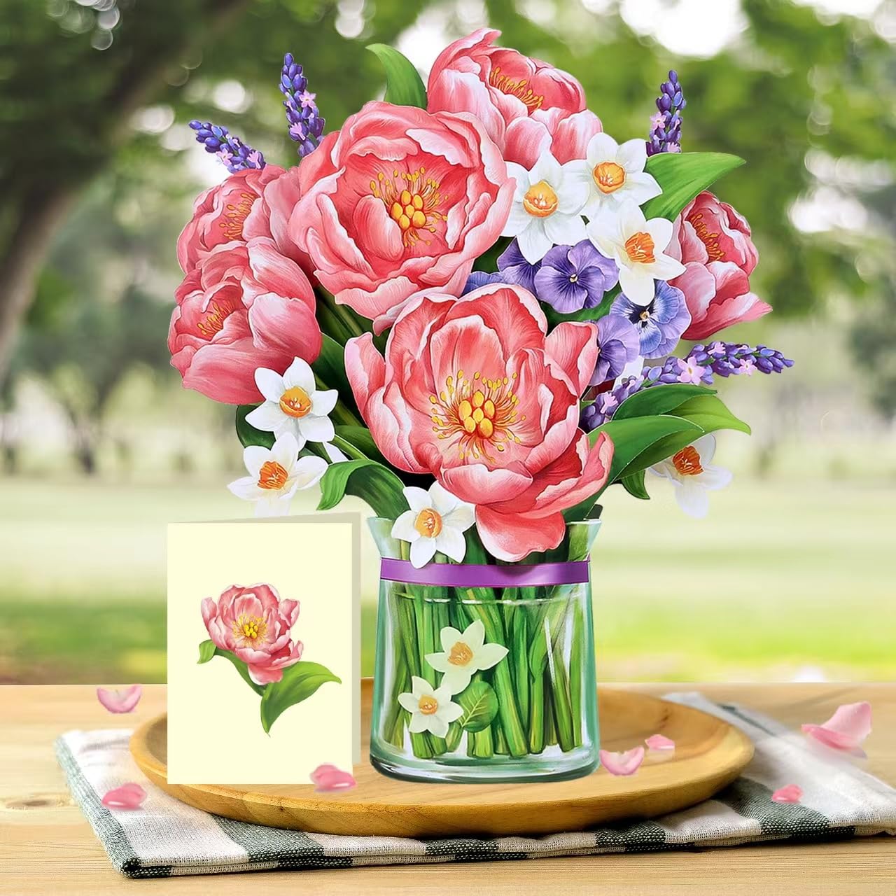 Airpark Papier Pop Up Bouquet Karte Rosa Pfingstrosen Blume Grußkarten 30,5 cm Forever Flower Papier 3D Popup Karten mit Notizkarte und Umschlag für Weihnachten Urlaub Geburtstag Muttertag AP-HK-P