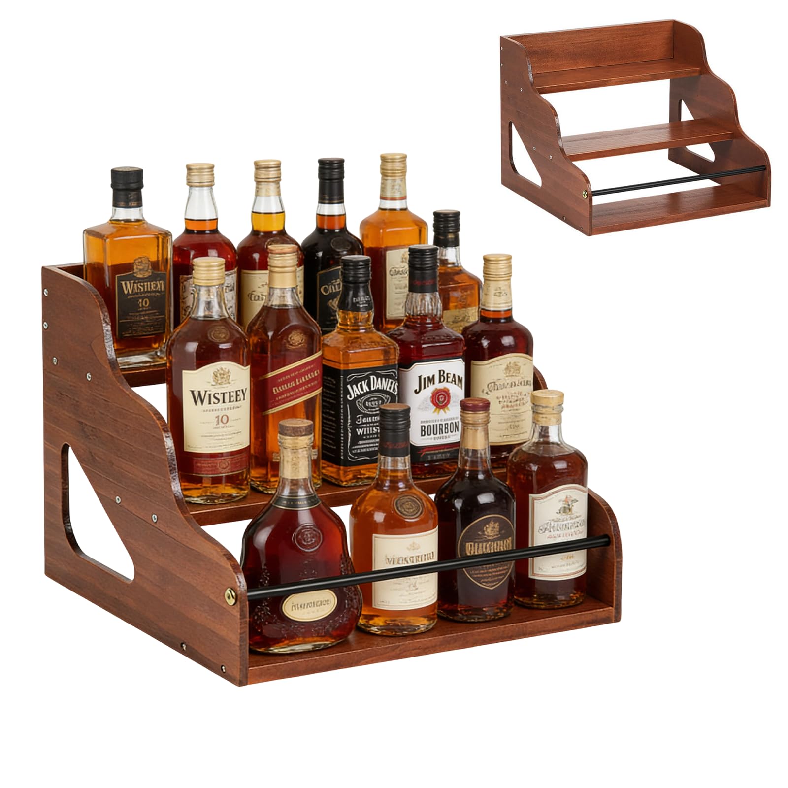 Étagère exposante pour Bouteilles de Liqueur à 3 Niveaux Porte-Bouteilles pour vin | en bois rustique, organisateur pour sirop de café, étagère de comptoir, support pour station de café