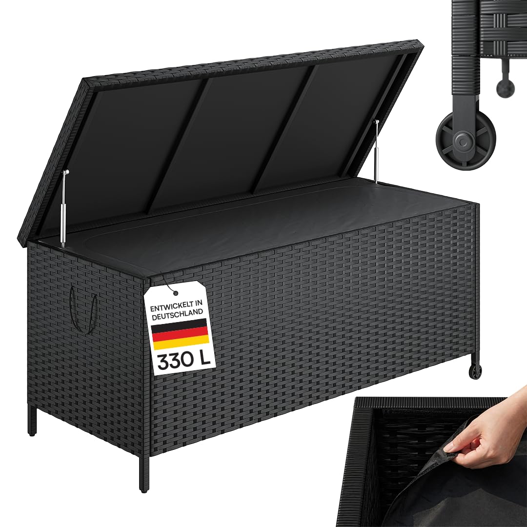 STEELSØN Serion Gartenbox mit Rollen schwarz – Rattan Aufbewahrungsbox Klappdeckel – Outdoor Auflagenbox mit Griffen – Aufbewahrungskiste wetterfest – Gartenkiste Stahlgestell – Kissenbox 140x62x61cm