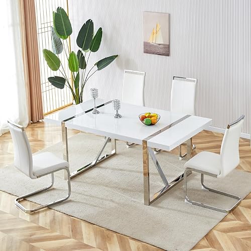 gopop Dining Table Set for 4, Kitchen Table Chairs Set of 4, 55" White High-Gloss Lacquered Tabletop & Electroplated Metal Frame, Modern Kitchen Tables with 4 Chairs for Dining Room