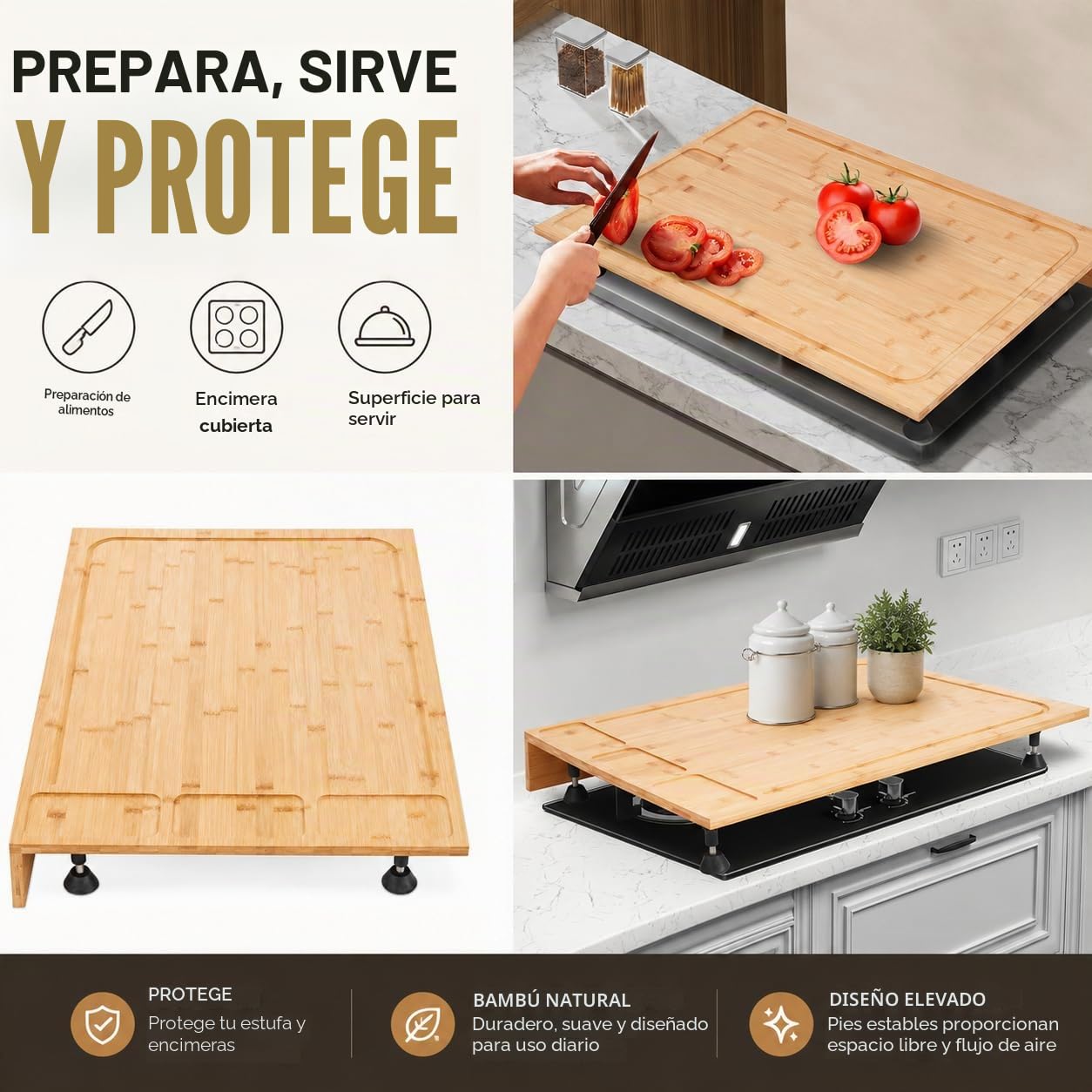 Tapa de cocina de bambú de protección para placa de cocina de gas, tapas de quemador de estufa, tabla de cortar multifuncional, bandeja para encimera de cocina, 75 x 54 x 10 cm