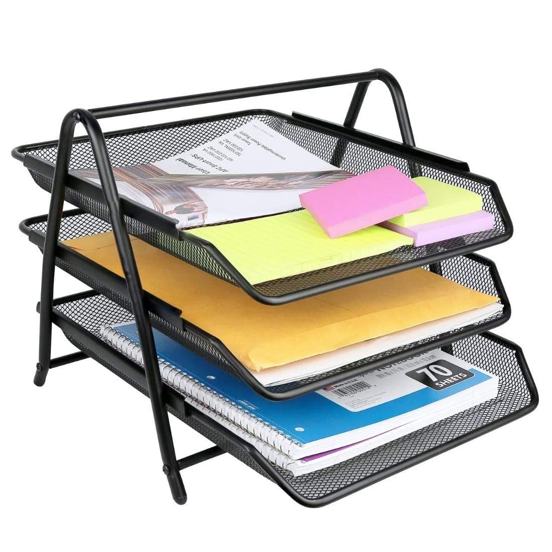 PRANIJ Desktop Bookshelf Magazine Tabletop Organizer 3 Compartment Metal Frames Tiered Shelf File Holder Dividers Document Cabinet Rack Storage Box For Office Home School (Black-3 Tier)