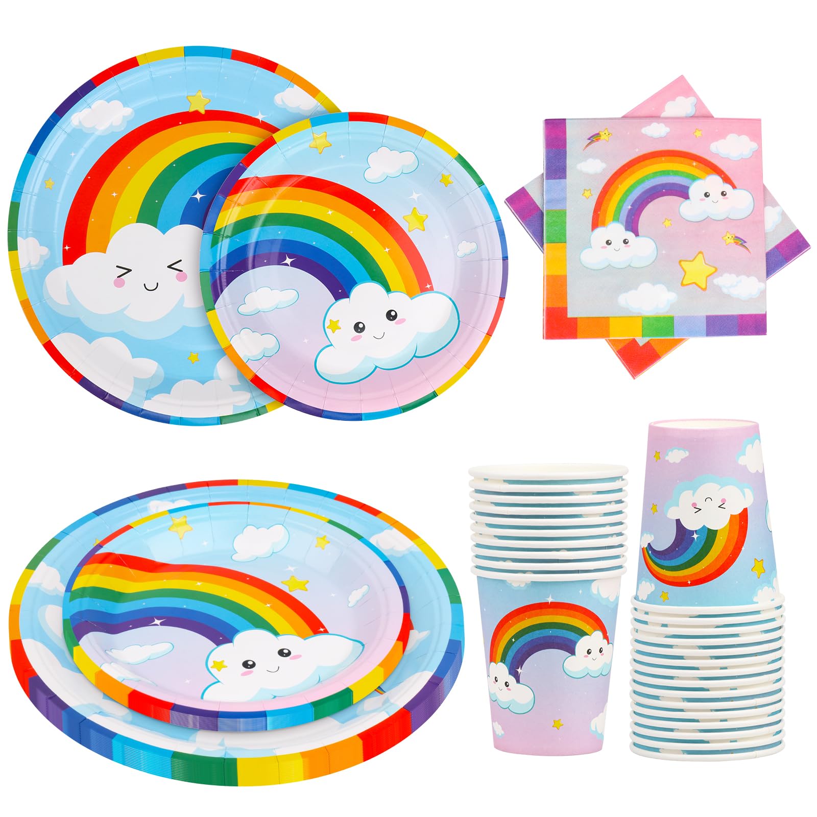 FoweceltRainbow Party Tableware - 120 pcs Paper Plates, Cups & Napkins Set for Kids' Birthday Parties