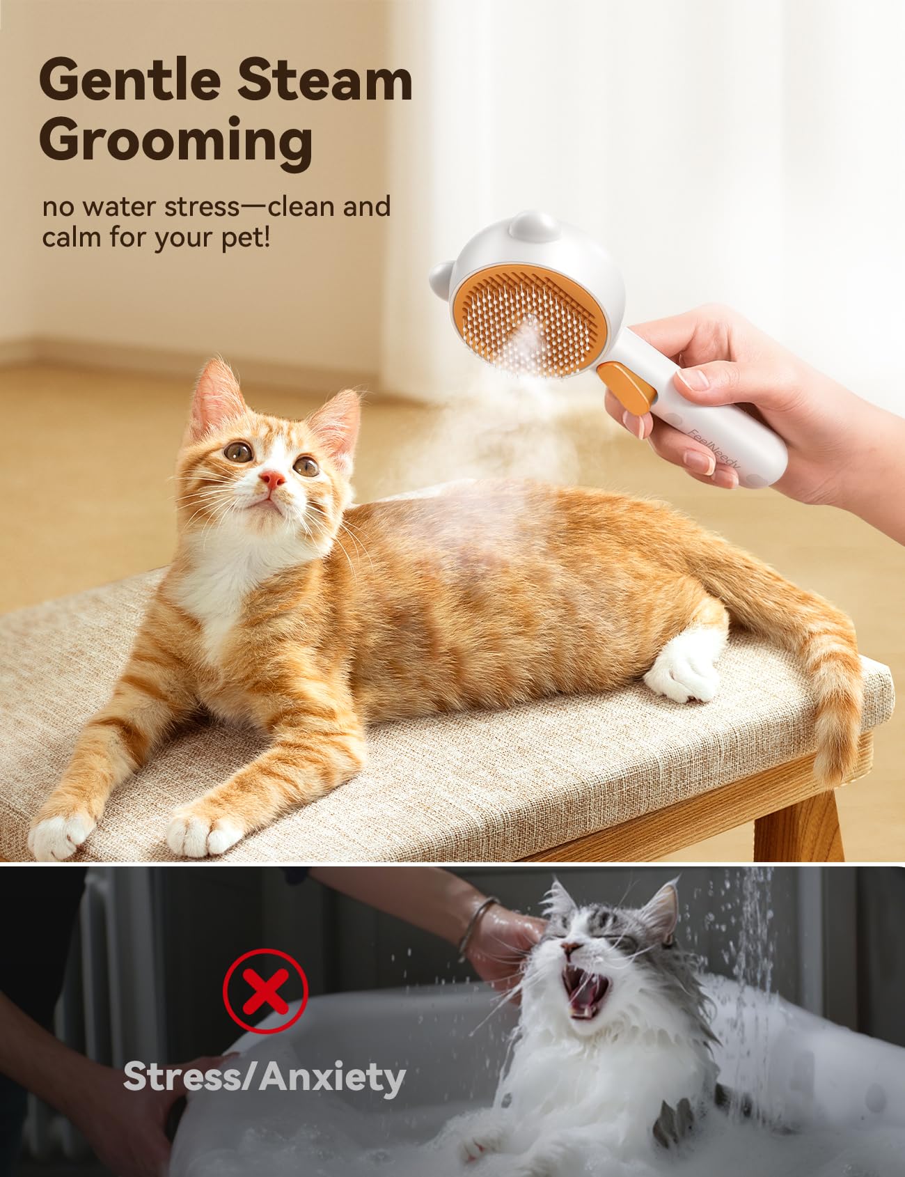 FEELNEEDY Spazzola a Vapore per Gatti, Ricaricabile Spazzola a Vapore per Cani con Pulsante di Rilascio, per Peli Lunghi e Corti Gatto Cane