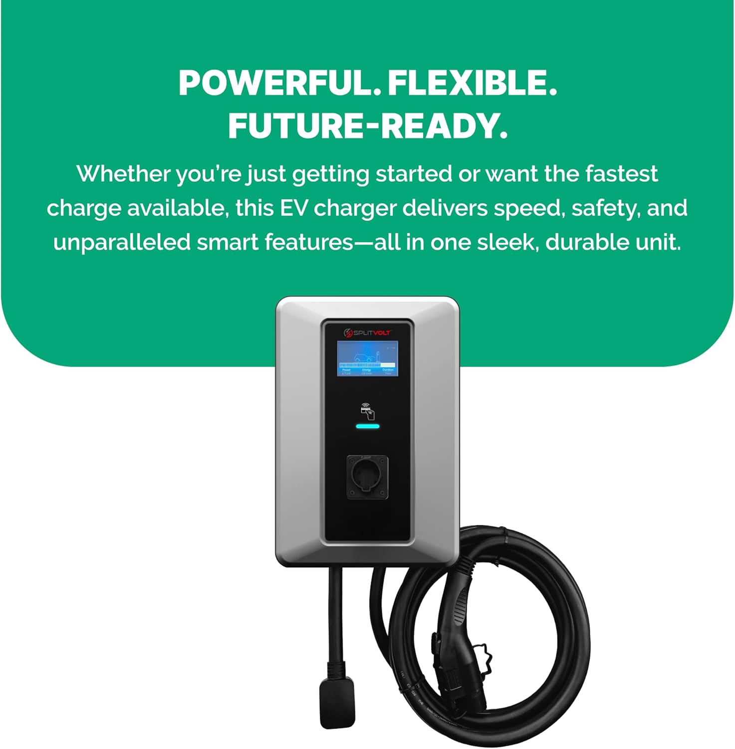 Splitvolt Level 2 Smart EV Charging Station - Connected, Adjustable 12kW, Display, Scheduling, RFID, NEMA 14-50, J1772, OCPP Compatible, Outdoor Rated, 16ft