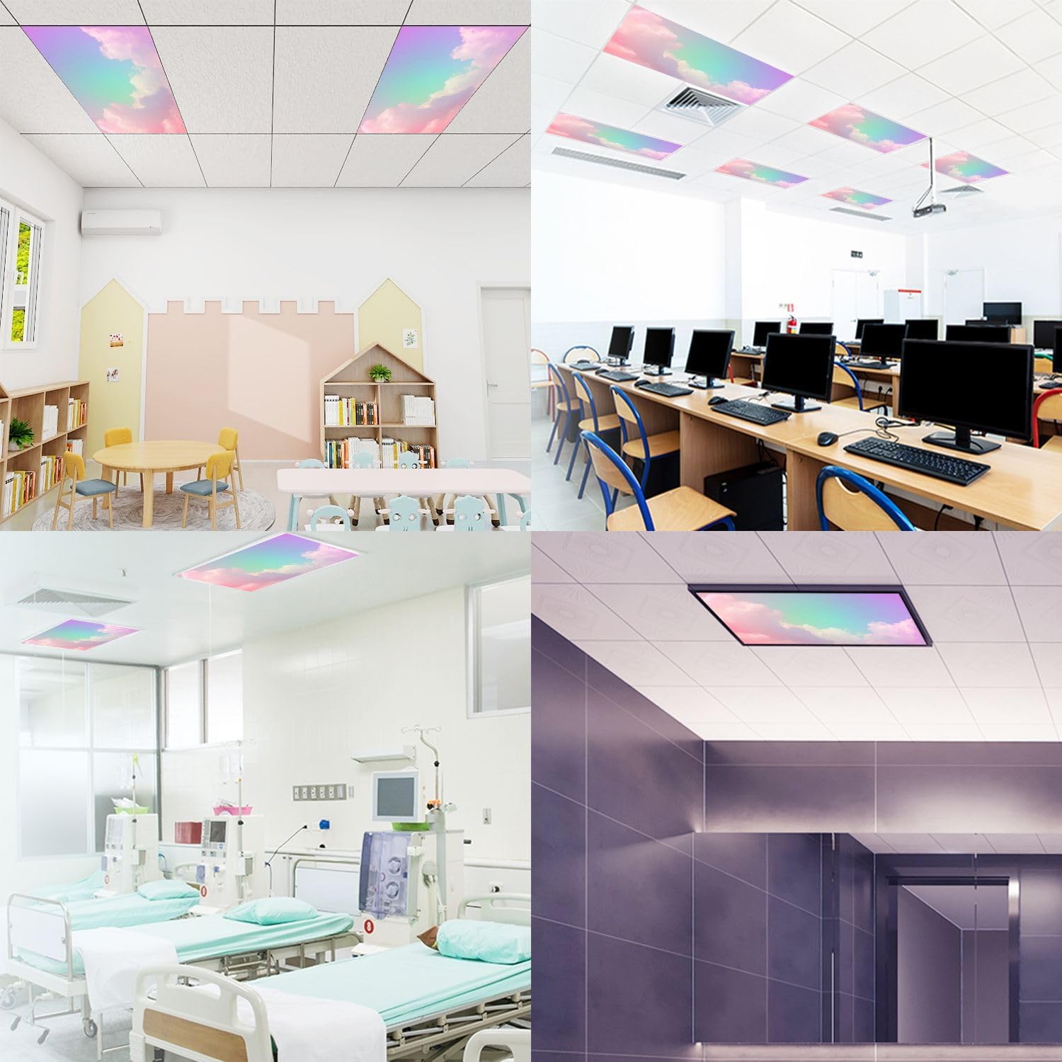 Fluorescent Light Covers for Ceiling Lights Beauty soft pastel white fluffy clouds sky multi color rainbow Easy to Install Magnetic Light Filter for Classroom Office Hospitals School Home Decor