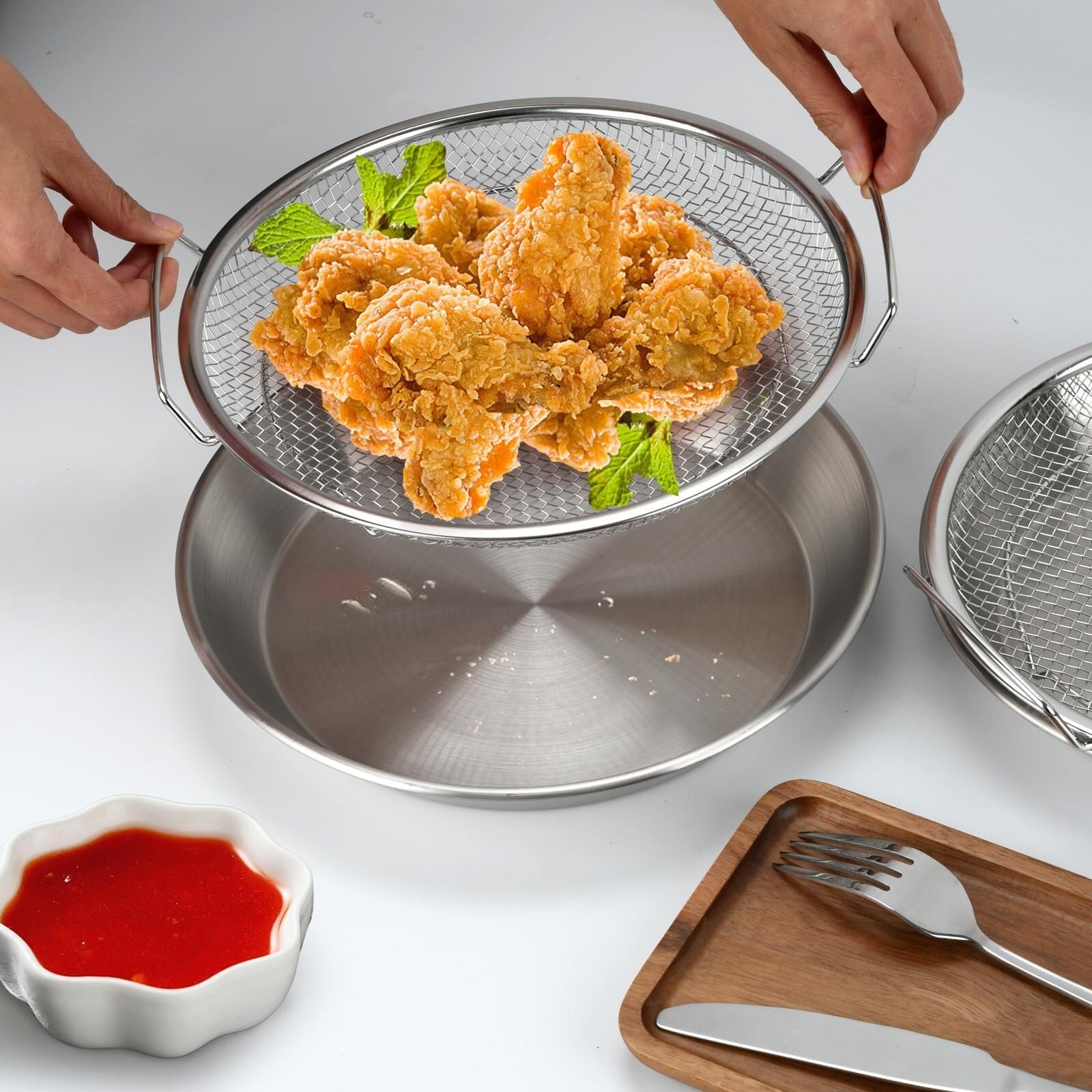 Cestillo Freidora Bandeja de Filtro Aceite Acero Inoxidable 2 Piezas con Malla Cestas Patatas Fritas