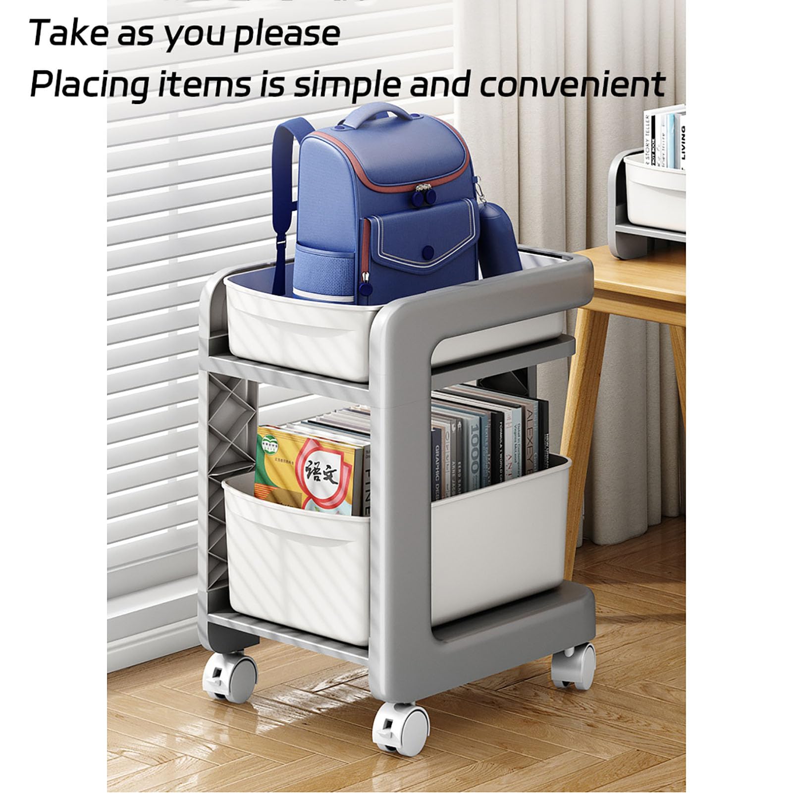 Carrello portaoggetti in plastica, con ruote e cestini, organizzazione sotto la scrivania per libri, materiale scolastico, dormitorio e casa, 1 livello, grigio
