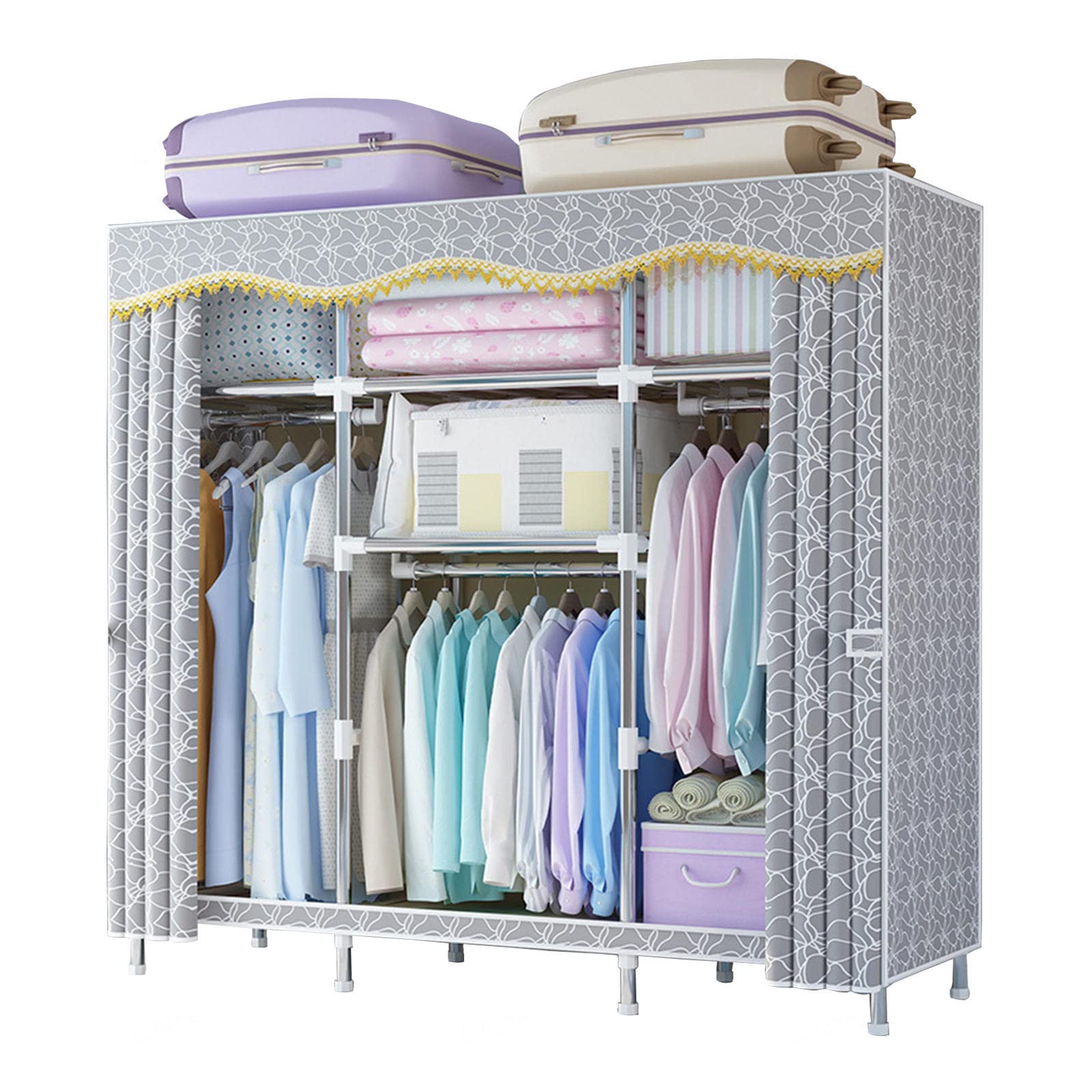 Canvas-Kleiderschrank, tragbarer Kleiderschrank, Aufbewahrungsorganisator für Kleiderschränke mit Kleiderstange, Regalen, Stoffbezug, faltbarer Schrank für Schlafzimmer, Wohnzimmer