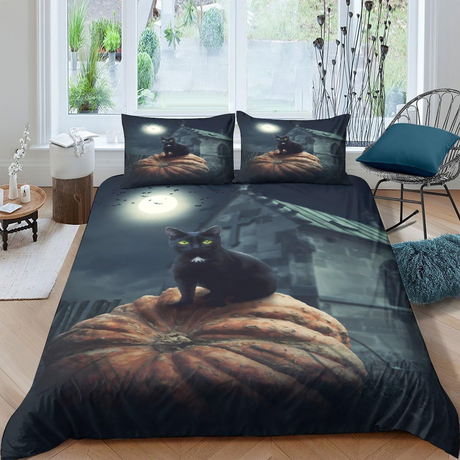 Ctjqhvkz Style-5 3D Printed Halloween Pumpkin Fitted Sheet Microfiber Black Cat Bed Cover For Bedroom Dorm Decor, Machine Washable Single（135X200cm）