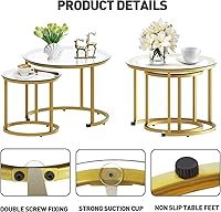 Vista 4 de aboxoo Juego de 2 mesas de centro anidables doradas, pequeñas mesas redondas de vidrio para sala de estar, dormitorio, mesa de té decorativa
