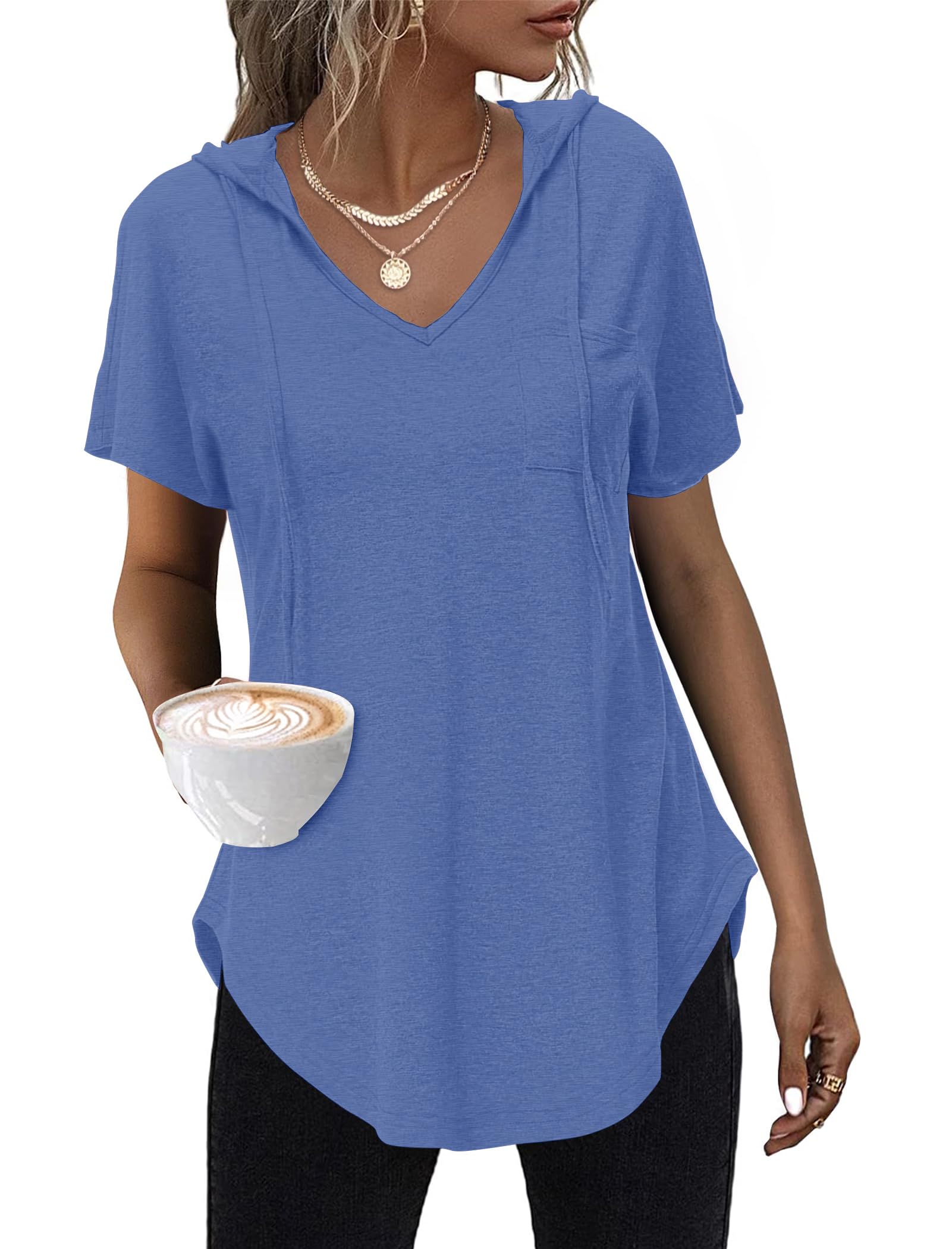 WNEEDU Damen Hoodie Kurzarm Sommer Kapuzenpullover T-Shirt V-Ausschnitt Top Synthetisch Blau S-3XL