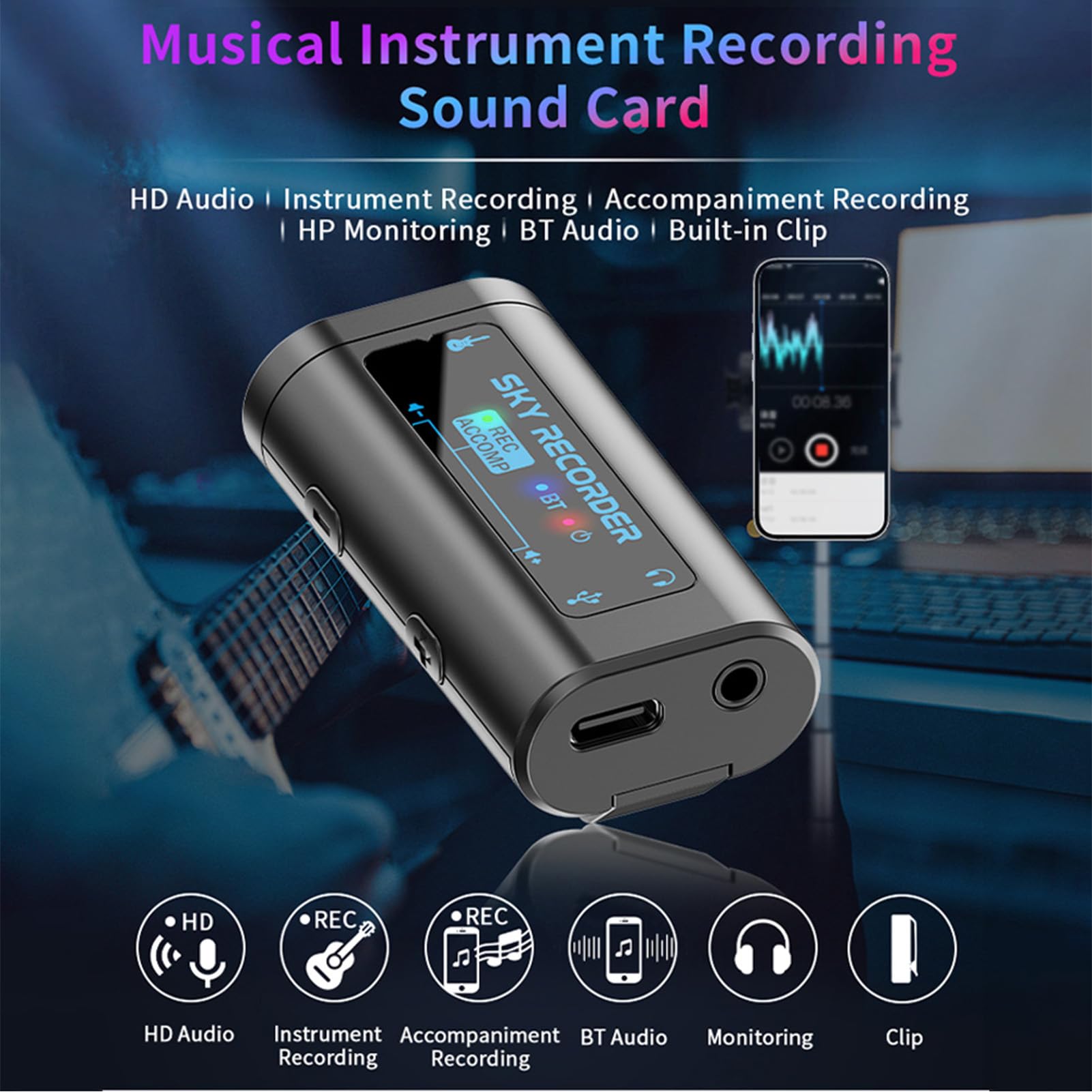 CHICIRIS Karta Dźwiękowa, Mini Interfejs Audio z Klipsem z Akompaniamentem BT 5.4 48 KHz 24-bitowy Dźwięk HD dla Tabletów-smartfonów Nagrywanie Strumieniowe na żywo