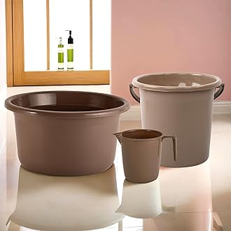 Kuber Industries Set of 3 Bathroom Combo Set | Tub-Bucket & Mug Combo Set for Bathroom | Bathing Set | Bathware Set | Modern Bathroom Accessories Set | Brown