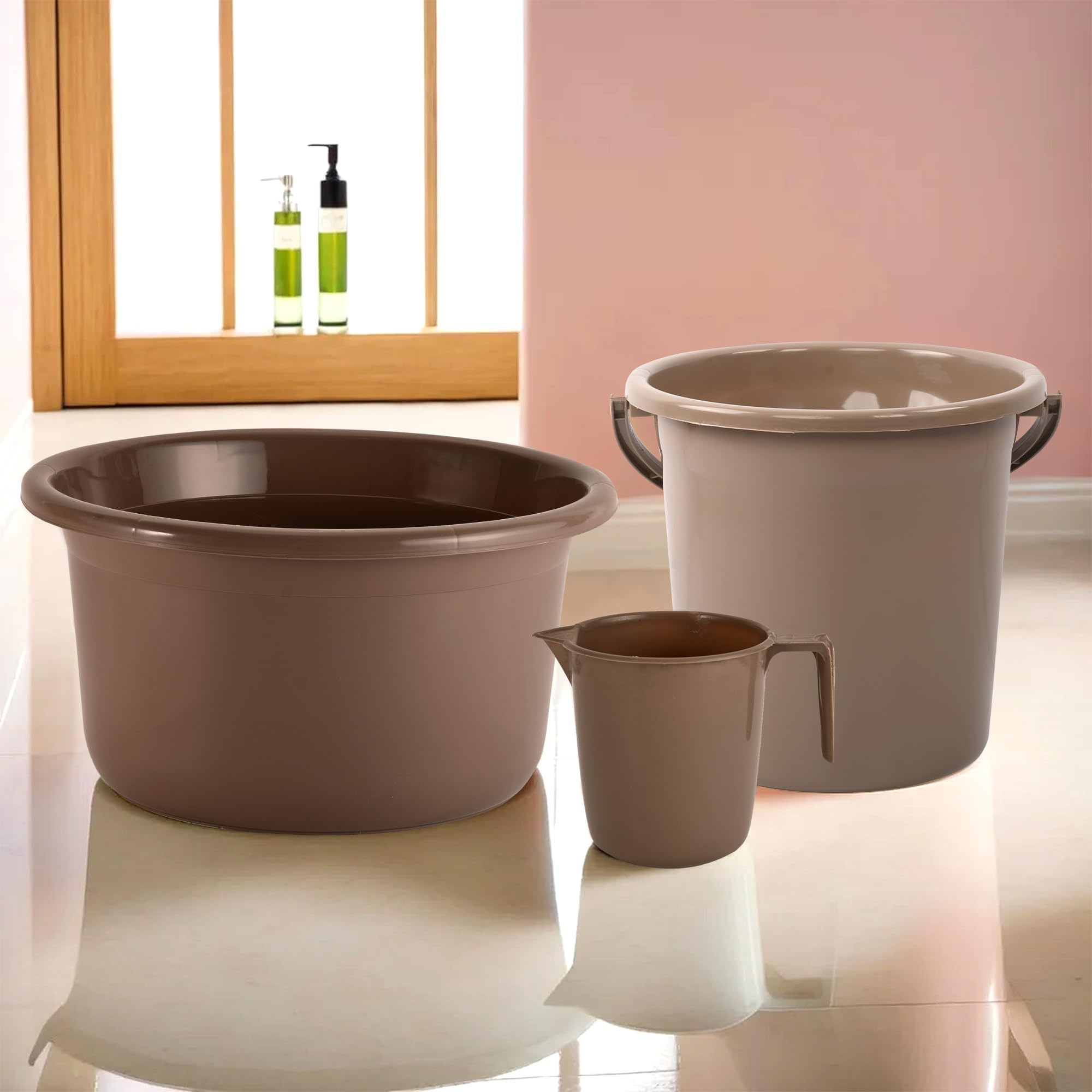 Kuber Industries Set of 3 Bathroom Combo Set | Tub-Bucket & Mug Combo Set for Bathroom | Bathing Set | Bathware Set | Modern Bathroom Accessories Set | Brown