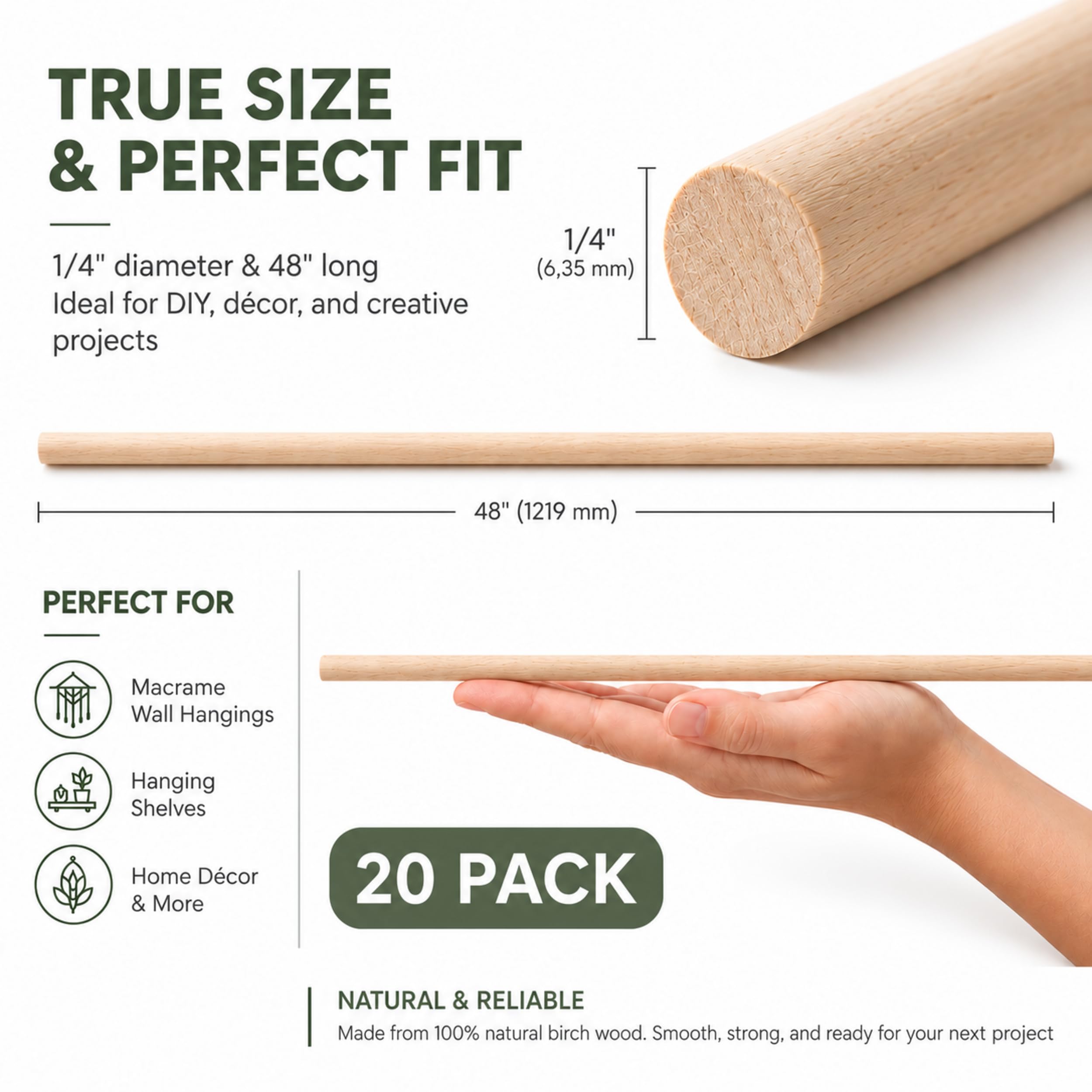 20 varillas de madera de abedul de 0.25 x 48 pulgadas de largo, varillas de madera natural sin terminar para manualidades y decoración, tacos redondos de madera para manualidades, proyectos escolares