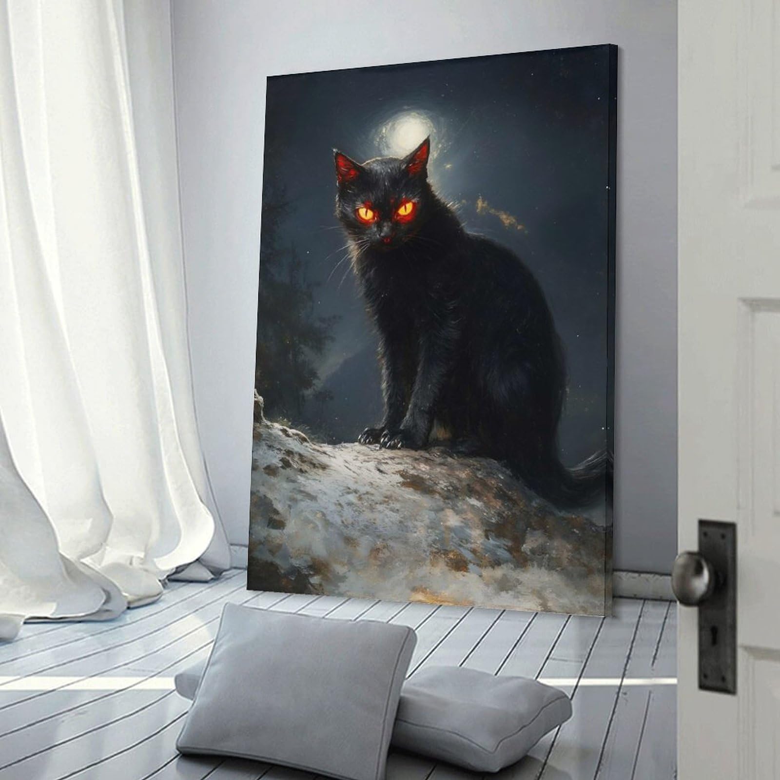 Junmoney Black Cat with Glowing Eyes Canvas Wall Picture, 12x18inch(30x45cm), for Flats, Guest Rooms Or Compact Rooms, An Easy Choice for New Home Styling