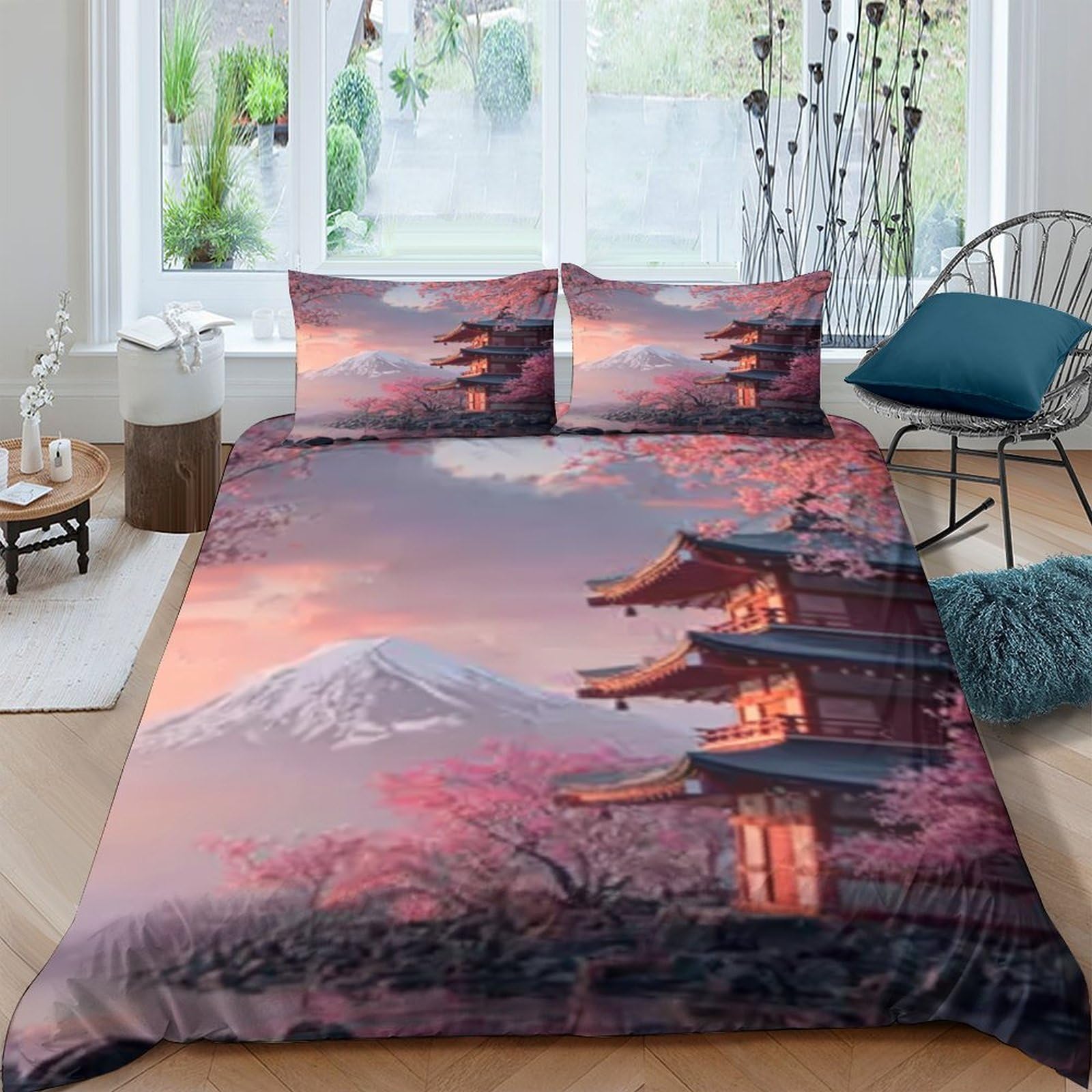 Ctjqhvkz Style-5 3D Printed Sakura Pagoda Fitted Sheet Microfiber Soft Breathable Fuji Mountain Bed Cover For Bedroom Guest Room Mattress Decor Single（135X200cm）