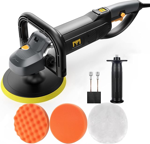 1500W Buffer Polisher, 180mm Rotary Car Polisher Machine Polishing Waxer Kit for Car Detailing with 6-Level Speed, D & Side Handle, 4 Foam Pads, 2 Carbon Brushes and 10 Sandpapers