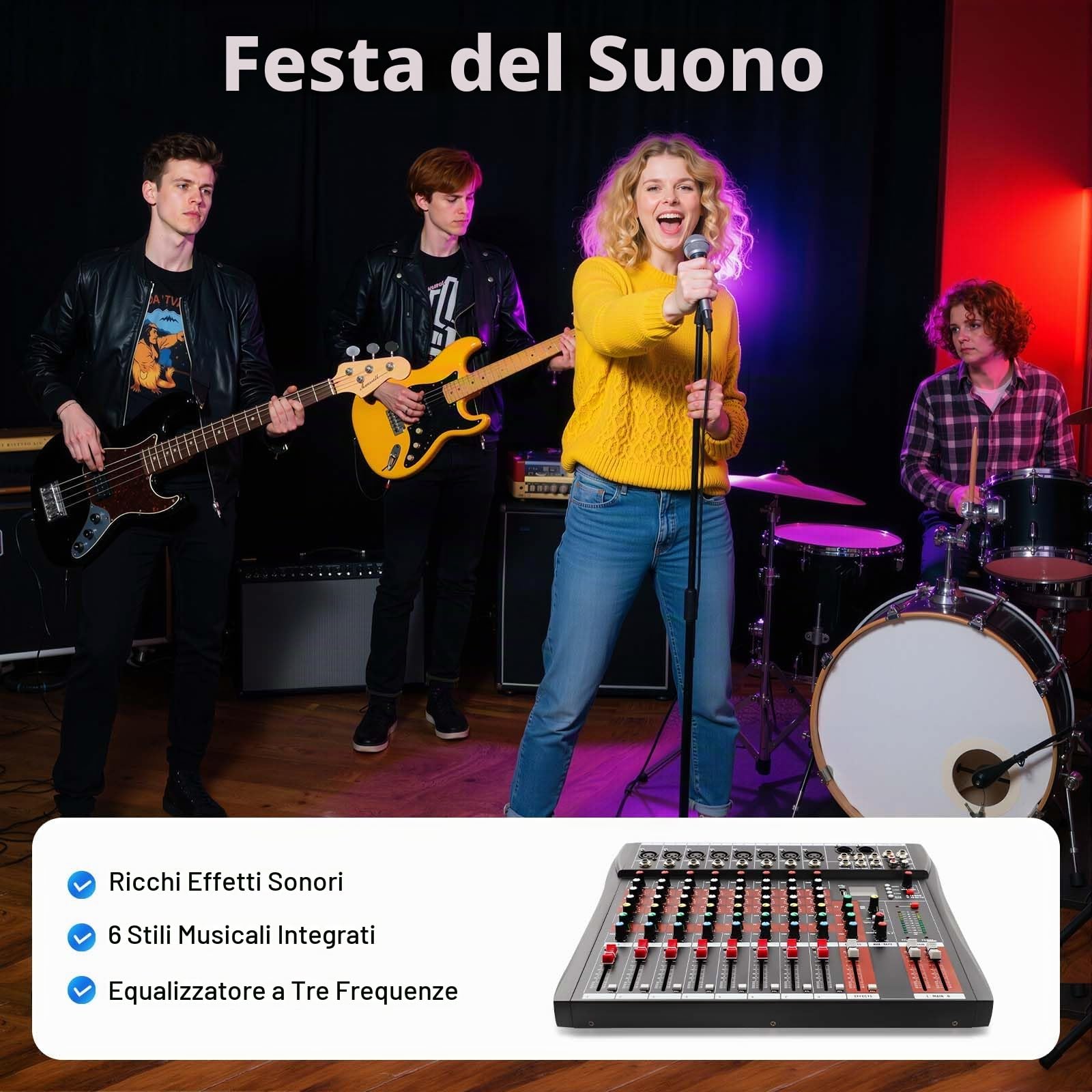 Mixer professionale a 8 canali, mixer audio, mixer audio professionale a 8 canali, mixer con Bluetooth, indicatore LED, alimentazione phantom da 48 V, alloggiamento in metallo, colore nero
