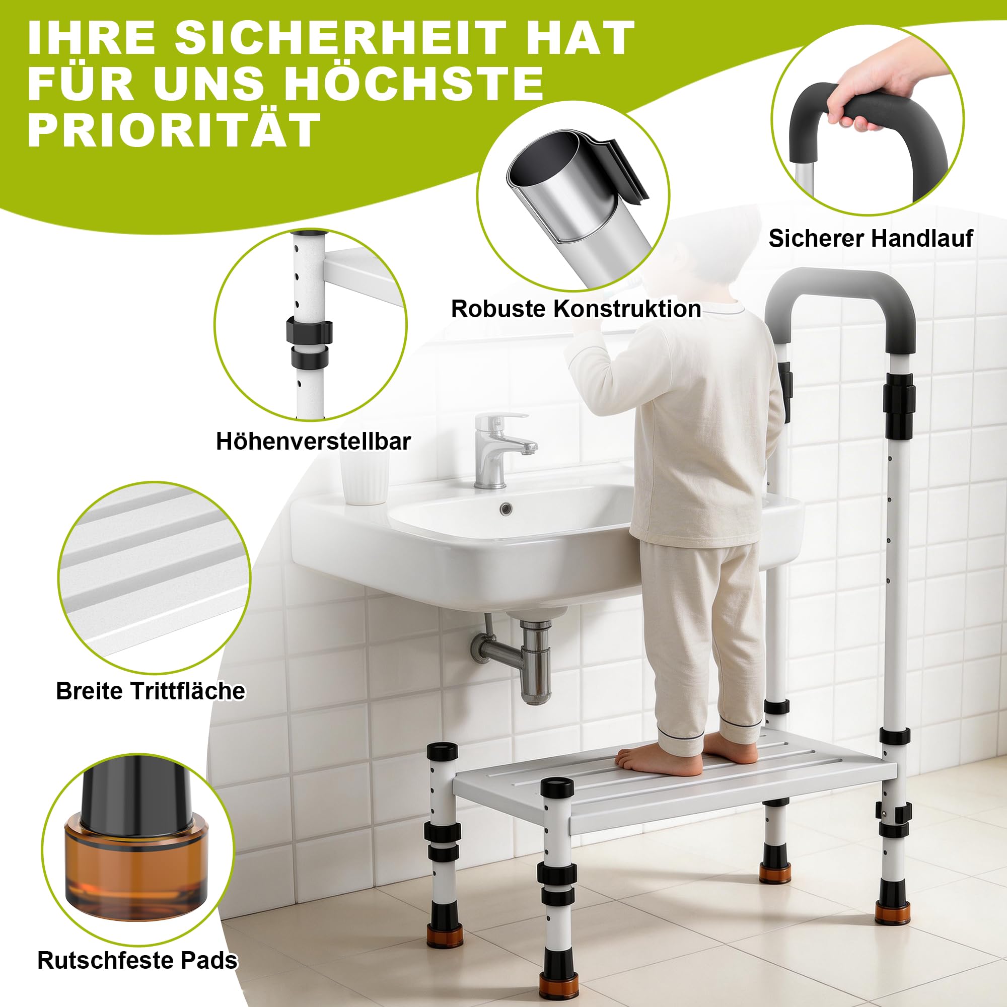 Trittstufe für Senioren mit Griff, höhenverstellbar, rutschfest | Robuste Aufstiegshilfe für Innenbereich, Auto, SUV & Wohnmobil, geeignet für Kinder, Erwachsene & Senioren, Tragkraft 360 kg
