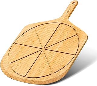 Wooden Pizza Peel 16 Inch, Large Bamboo Pizza Paddle Spatula - Serving Board, Wood Pizza Cutting Boards with 8 Slice Grooves and Handle for Kitchen Oven Pastry Pizzas