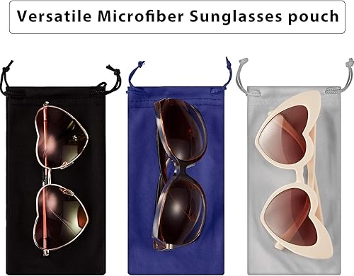 Miniatura 3 de Frienda 12 bolsas de microfibra para lentes de sol, bolsas suaves con 2 paños de limpieza y cordón (negro, gris y azul), Negro, gris y azul