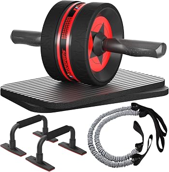 EnterSports AB Wheel Roller, 6-in-1 Exercise Roller Wheel Kit with Knee Pad, Resistance Bands, Pad Push Up Bars Handles Grips, Perfect Home Gym Equipment for Men Women Abdominal Roller Red