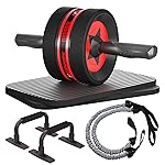 EnterSports AB Wheel Roller, 6-in-1 Exercise Roller Wheel Kit with Knee Pad, Resistance Bands, Pad Push Up Bars Handles Grips, Perfect Home Gym Equipment for Men Women Abdominal Roller (Red)