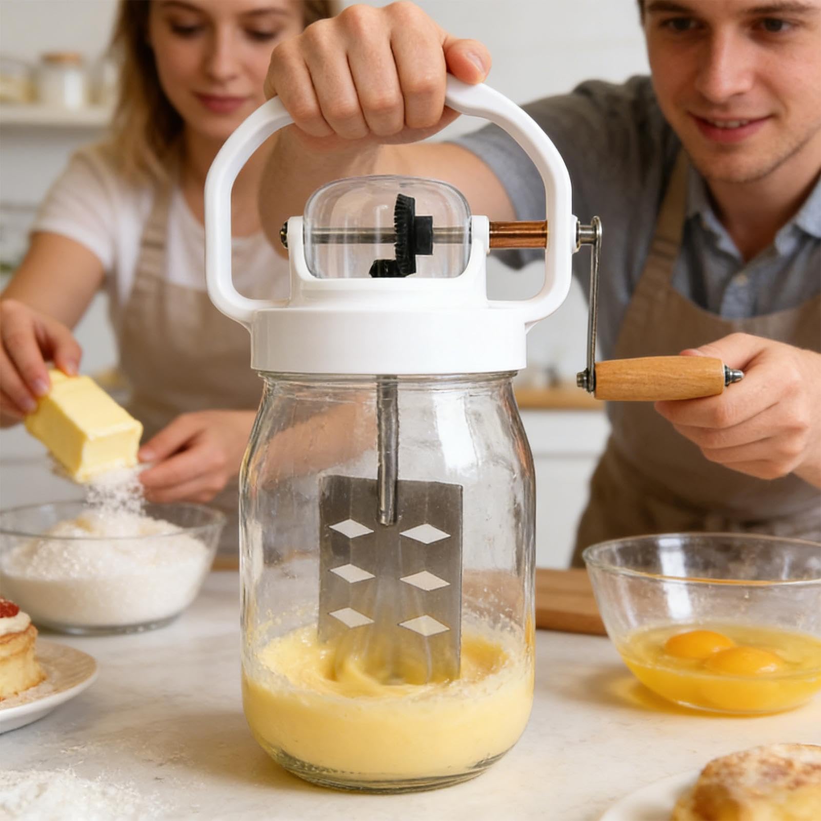 Batidor Manual de Mano Herramienta Mezcladora de 1,5 L para Mantequilla | con Batidor de Mano de Frasco de Vidrio para Repostería, , Panqueques, Jam, Salsas, Mezclas, Alimento Infantil, Hue