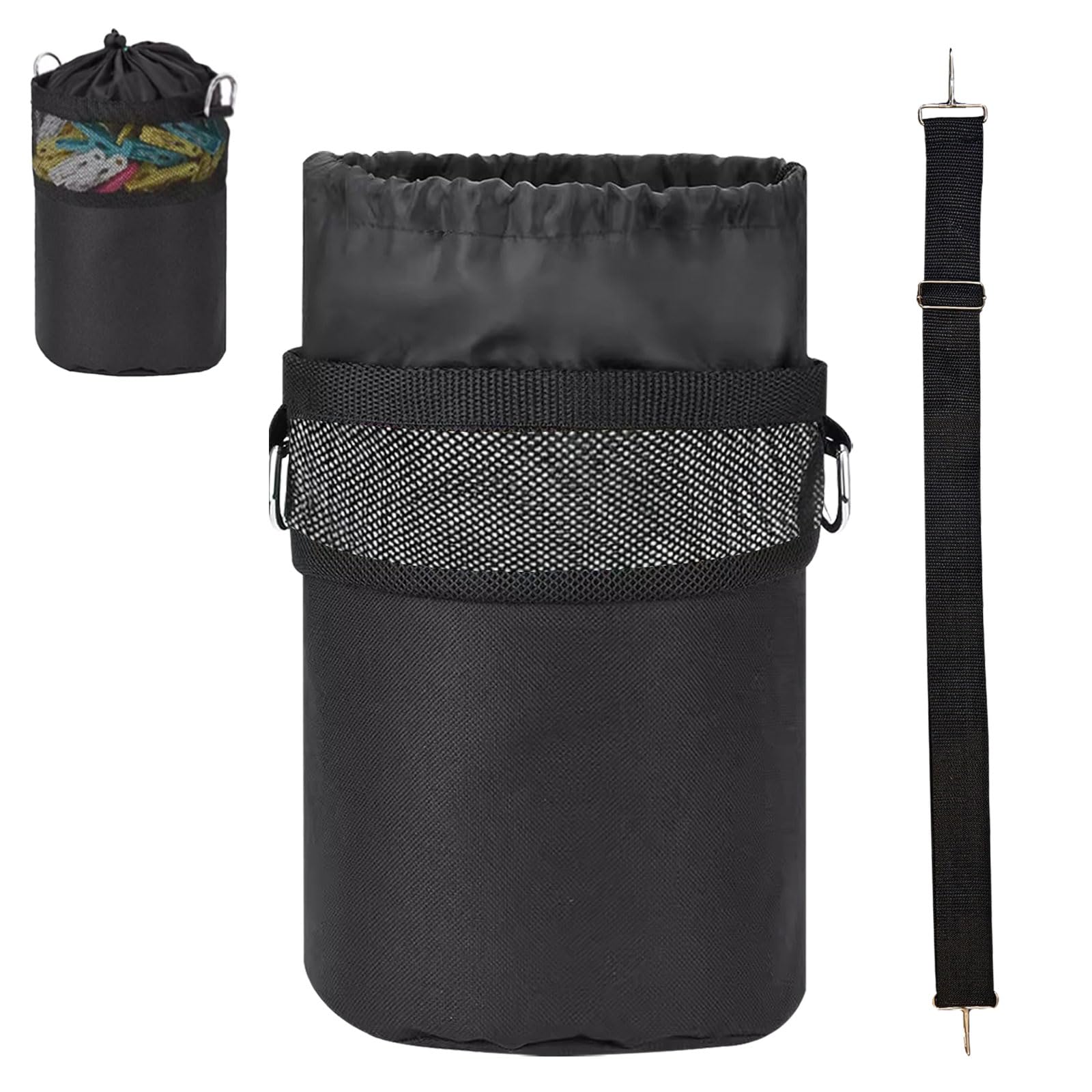 GANILITY Peg Bag for Washing Line with Hanger, Black Clothes Peg Bag with Closing Cord and Shoulder Strap Washing Line with Hanger for Laundry Clothes Pegs, Indoor Outdoor Pegs Organizer Storage